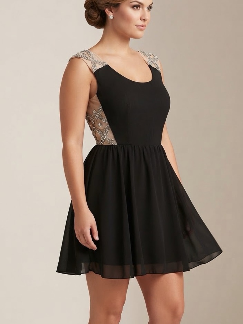 Black Sleeveless Skater Dress with Beaded Nude Panels